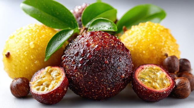 Exotic Tropical Fruits Still Life: Achachair?, Passion Fruit, and Lemon with