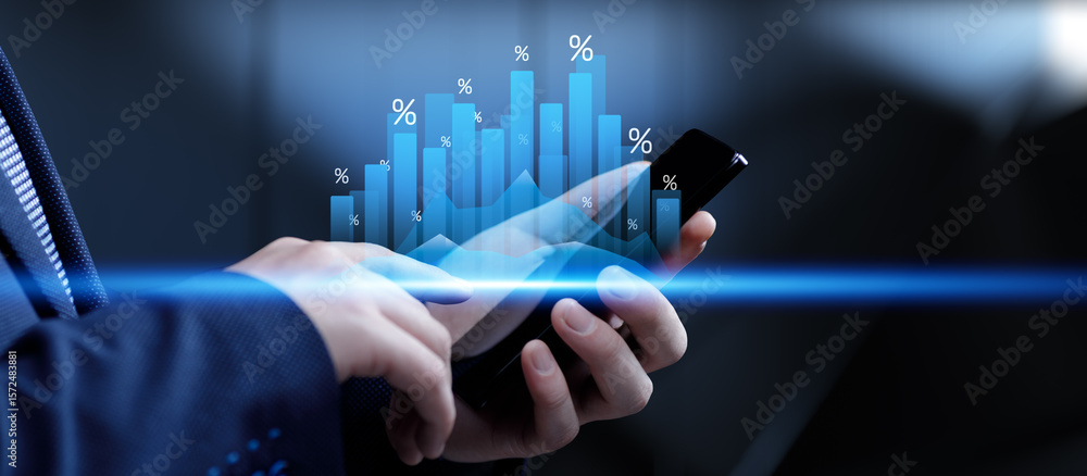 Poster financial growth strategy and data visualization with interactive graphs and percentages in business