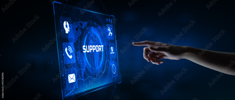 Poster technical support customer service guarantee quality assurance. hand pressing button on virtual scre