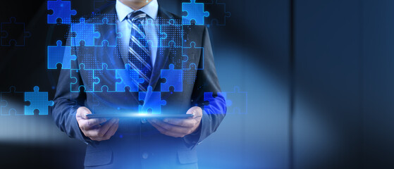 Business Strategy and Global Collaboration Concept with Digital Puzzle Integration.