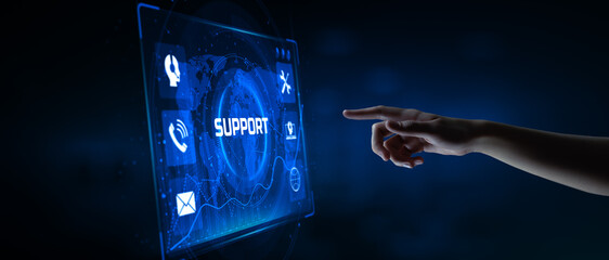 Technical support customer service guarantee quality assurance. Hand pressing button on virtual...