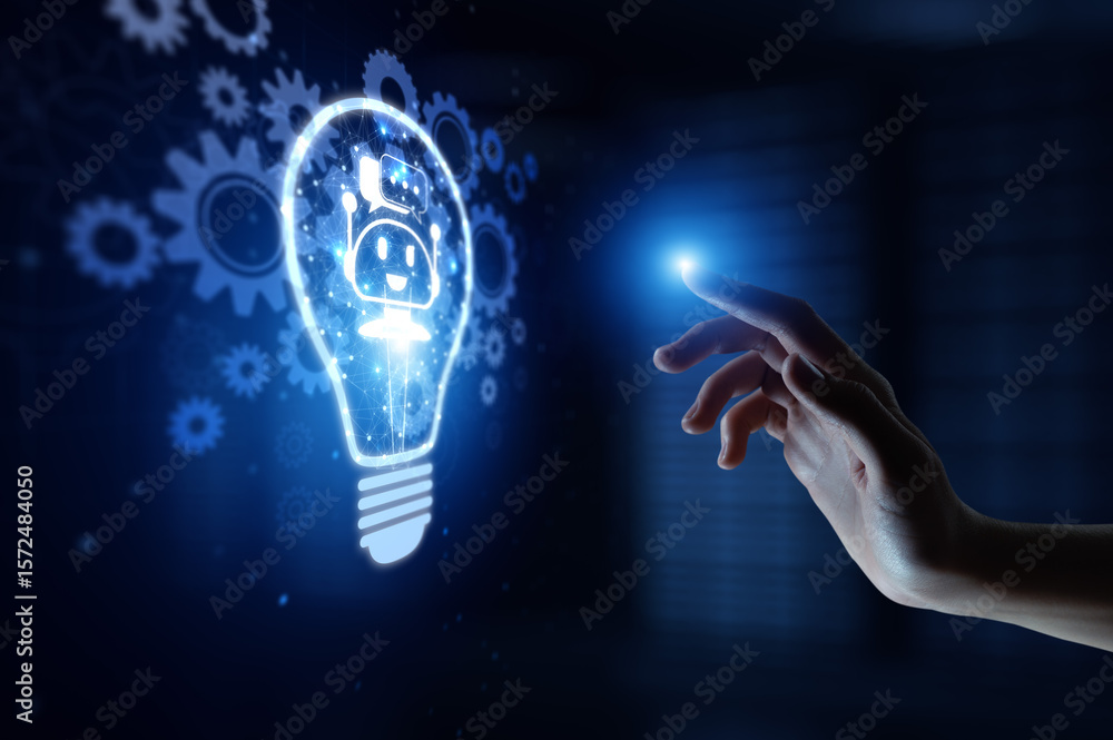 Poster chat bot automating customer interaction and support with human hand holding lamp hologram.