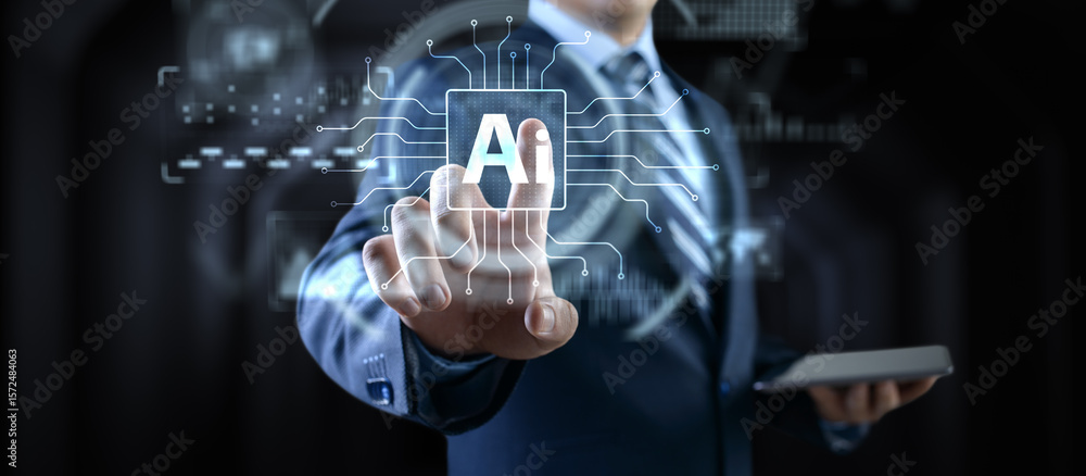 Poster artificial intelligence technology and global business strategy concept with digital interface.