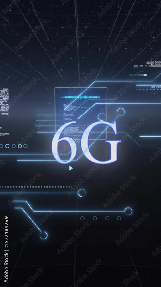 Poster animation of 6g text, digital data processing over circuit board on black background