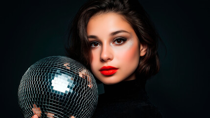 Glamorous woman with bold makeup holding a shiny disco ball against a dark background in a studio fashion portrait