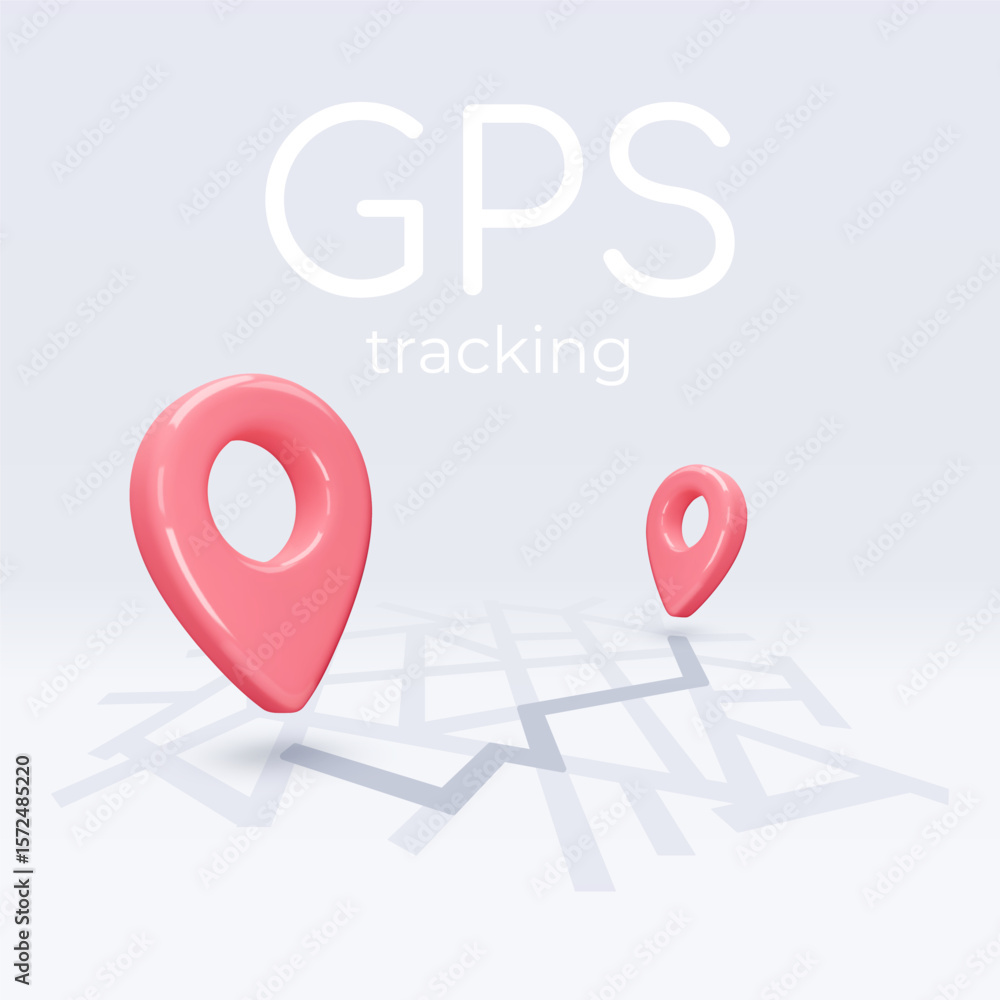 Poster red location pointers on map, placemark, markers with gray path, gps navigation pin sign. 3d gps ico