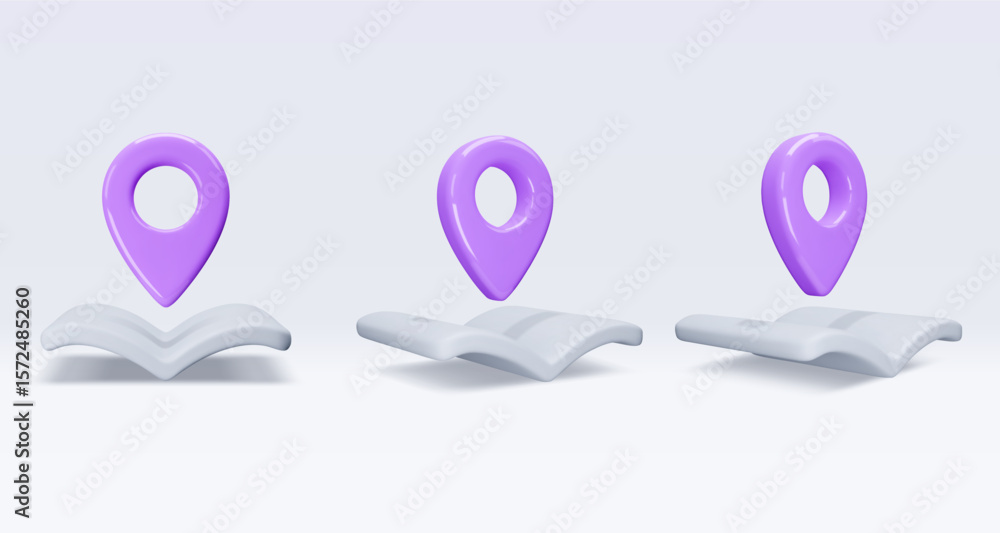 Poster set pink location pointer om map, book, placemark, marker of map, navigation pin sign. 3d gps icon. 