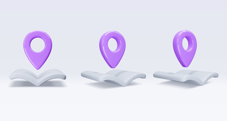Set pink location pointer om map, book, placemark, marker of map, navigation pin sign. 3d GPS icon. Sign for searching on map direction. Vector render illustration isolated on white background