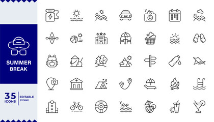 Summer Break,Summer, vacation, beach elements Editable Icons set. Vector illustration in modern thin line style of travel related icons: sea, surfing, beach, hotel,
