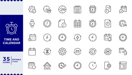 pixel perfect Time and calendar Line Editable Icons set. Vector illustration in modern thin line style of time management related icons: clock, stopwatch, timer, schedule, date