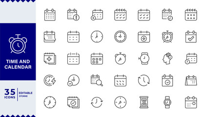 pixel perfect Time and calendar Line Editable Icons set. Vector illustration in modern thin line style of time management related icons: clock, stopwatch, timer, schedule, date