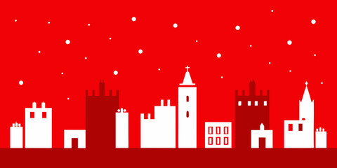 Fototapeta premium Christmas greeting card with Big Ben and London city skyline illustration at night under a snowy winter sky