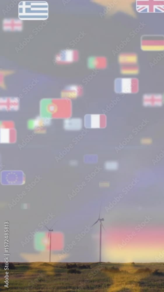 Poster wind turbines in field with floating international flags animation