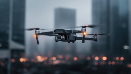 Drone in flight over cityscape