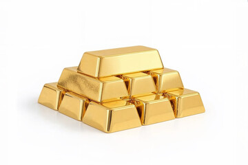 Gleaming gold bars stacked as a pyramid, symbolizing wealth and investment. Isolated on white background.
