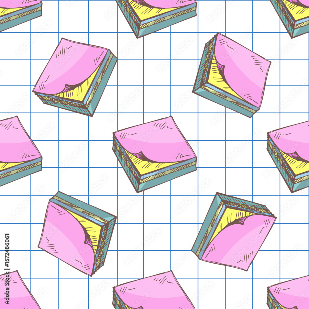 Poster hand drawn seamless pattern of colorful sticky notes on squared paper background, sketch style illus