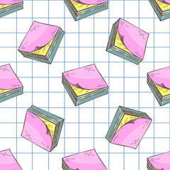 Hand drawn seamless pattern of colorful sticky notes on squared paper background, sketch style illustration for school