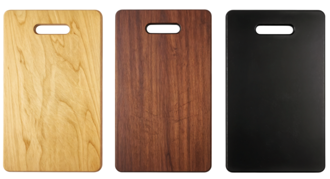 a collection of various cutting boards in different wood and material types