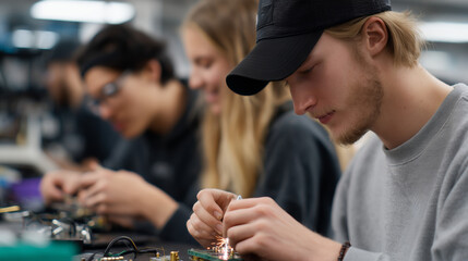 Students engaged in hands-on electronics project in classroom during afternoon workshop