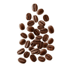 Obraz premium Dark roasted coffee beans with rich brown, reddish-black hues and subtle oil sheen, dynamically scattering on a pristine transparent studio background with even, shadowless lighting, high-angle view.
