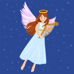 Angel playing music with harp, flying in the night.