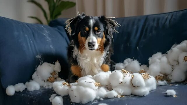 A damaged sofa with torn upholstery and stuffing coming out, caused by a mischievous dog chewing. Damaged furniture concept	