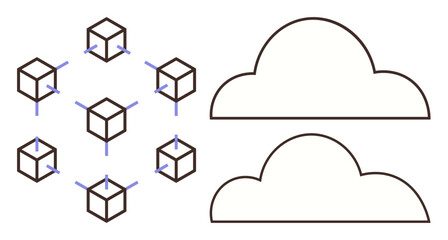 Geometric cubes linked by lines represent blockchain network, connecting to two cloud shapes implying cloud integration. Ideal for blockchain, data storage, security, technology, innovation
