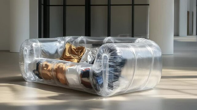 A modern couch is made from transparent plastic, Inside the plastic there is colorful textiles. Modern inflatable transparent couch in stylish	