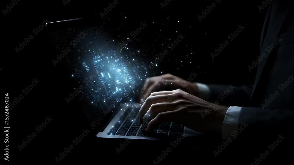 Poster hands typing on a laptop with digital code overlay