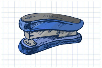Hand drawn vintage sketch of blue stapler on squared notebook background in color, isolated vector illustration