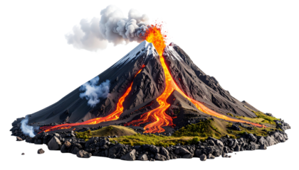 Volcanic landscape with lava flow and smoke, small scale, isolated on transparent background