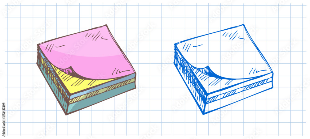 Aufkleber hand drawn vintage sketch of sticky notes stack in color and monochrome version on squared notebook 