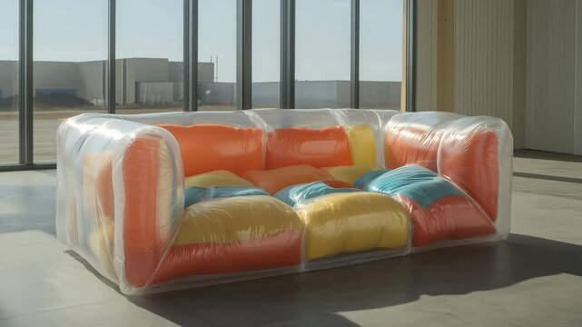 A modern couch is made from transparent plastic, Inside the plastic there is colorful textiles. Modern inflatable transparent couch in stylish	