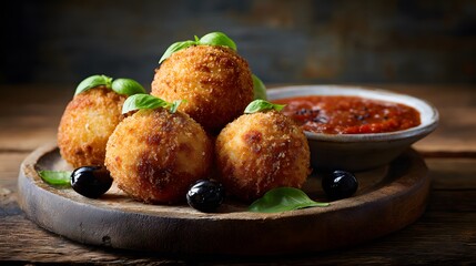 Italian arancini rice balls filled rag mozzarella plated marinara dipping sauce rustic wood platter styled basil and olives and set against a backdrop of a Sicilian market side angle warm food shot