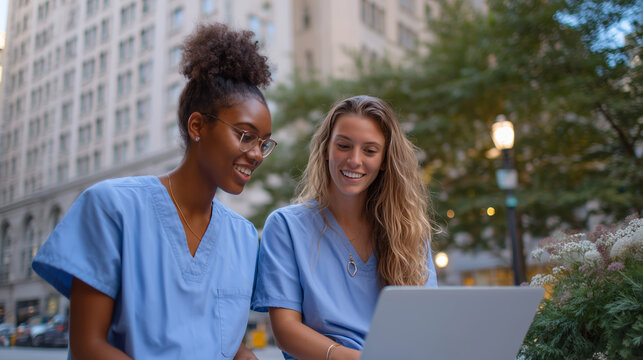 Two healthcare professionals collaborate outdoors in urban setting while using a laptop for work-related tasks during daytime