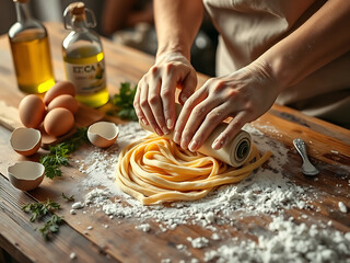 Pasta making scene on a wooden table.