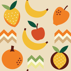 Stylish Fruit Pattern Design with Bananas Apples Oranges and Geometric Shapes