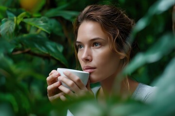 Young caucasian woman enjoying a cup of tea amidst lush greenery