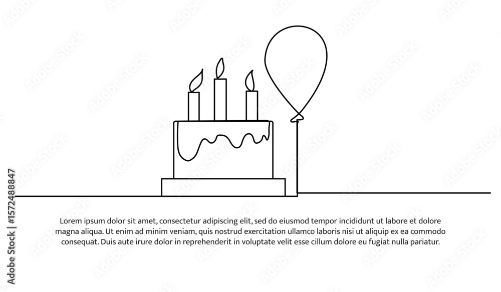 Poster one line of cake and balloon. abstract minimal continuous line.