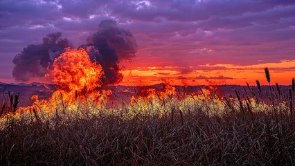 Gordijnen Wildfire's fury engulfs landscape in fiery sunset © Artem