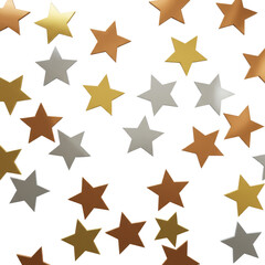 Obraz premium Metallic gold, bronze, and silver star-shaped confetti, distinctly scattered on a pristine clean white background with copy space, captured from a top-down flat lay view with no shadows, festive