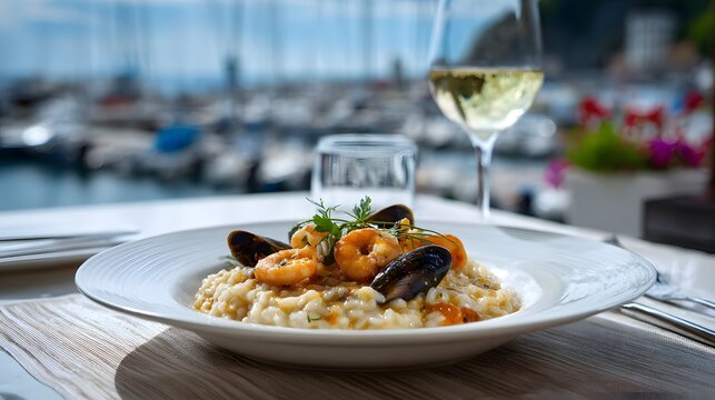 Italian seafood risotto featuring shrimp calamari mussels in white wine sauce plated on a terrace table near a Ligurian harbor with boats and sea breeze top down elegant dish view