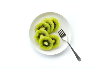 Flat lay of neatly arranged kiwi slices on a small white ceramic plate, served with a silver fork on white background. Bright and minimal tropical fruit concept.