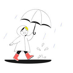 A joyful child wearing a yellow raincoat and red boots walks happily through puddles on a rainy day
