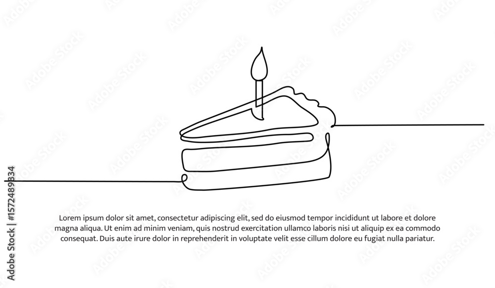 Poster one line of slice of birthday cake with candles. abstract minimal continuous line.