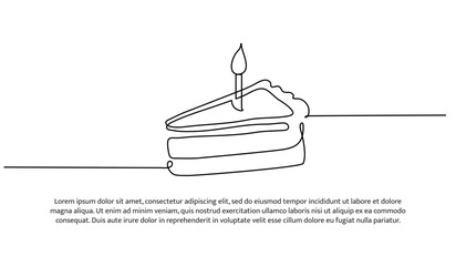 One line of slice of birthday cake with candles. Abstract minimal continuous line.