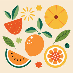 Mid Century Modern Fruit Illustration Summer Citrus Watermelon Strawberry Design