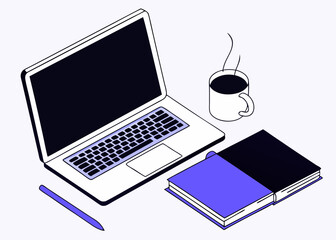 Isometric view of a clean desk setup with an open laptop notebook pen coffee cup and book representing productivity and work