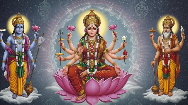 Hindu deities,  seated on a lotus flower, in a celestial setting
