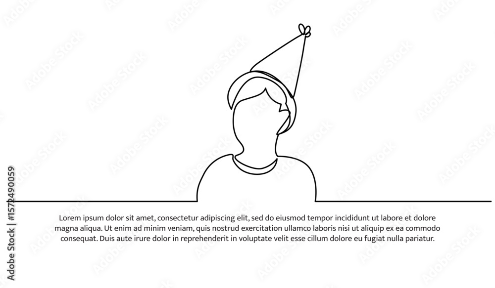 Poster one line of boy wearing paper cone hat. abstract minimal continuous line.